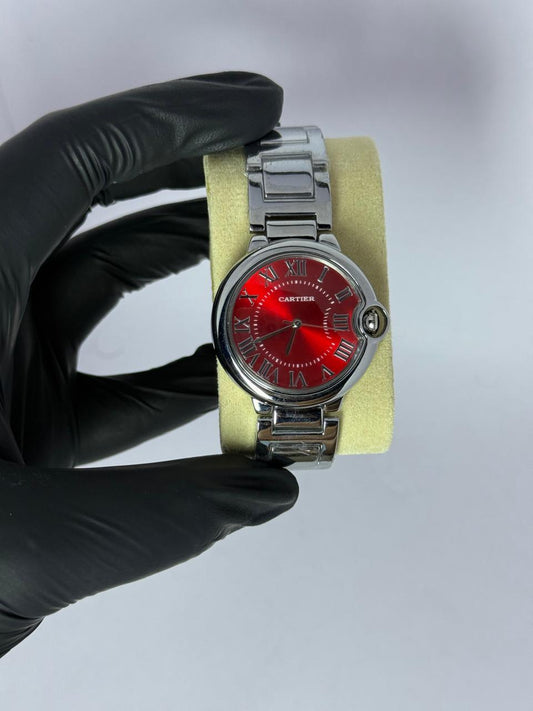 Cartier Ballon Bleu 33MM Girl watch (Red Dial Stell Bracelet)